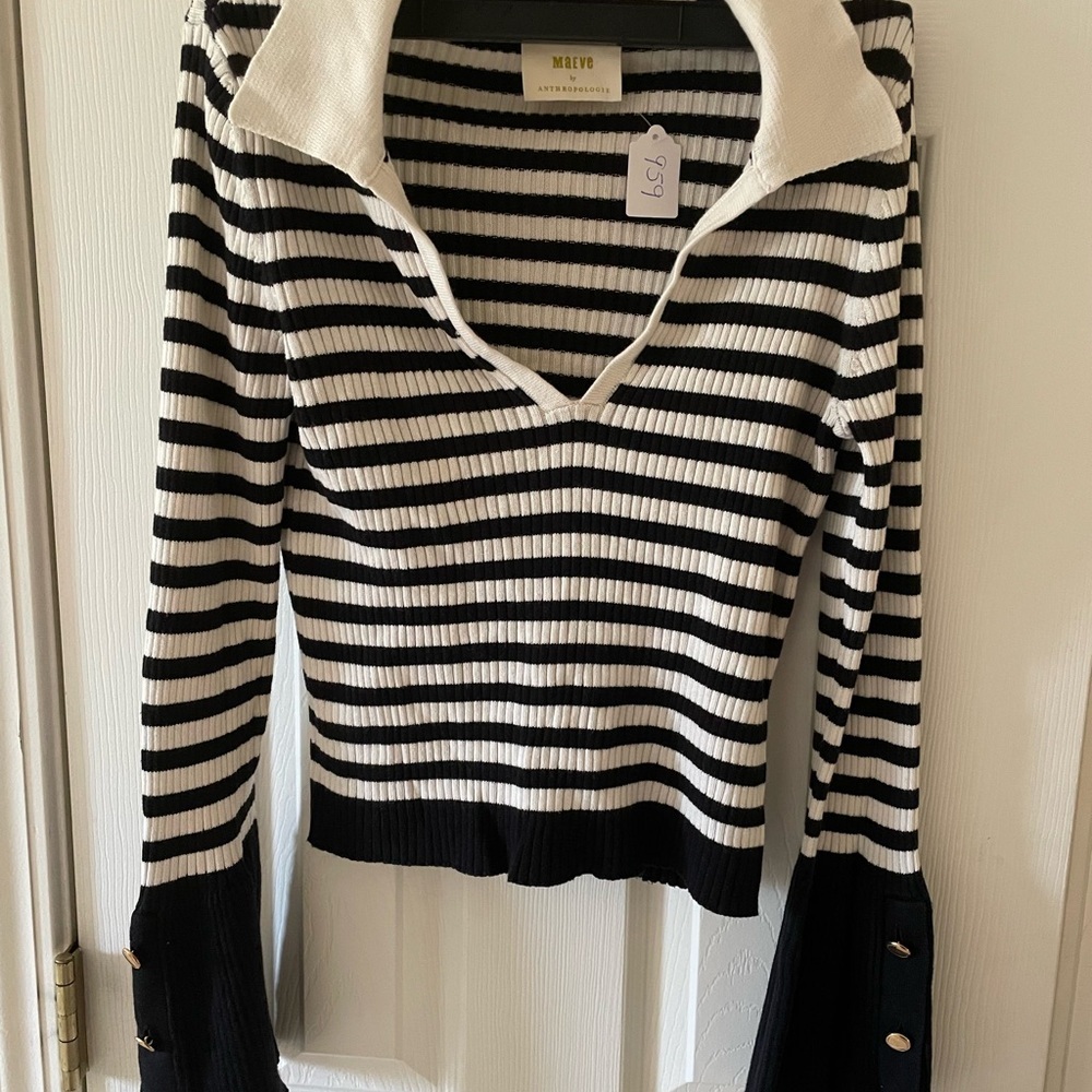 Maeve Anthropologie Women’s Striped Knit Sweater Top Size S Black White Collared